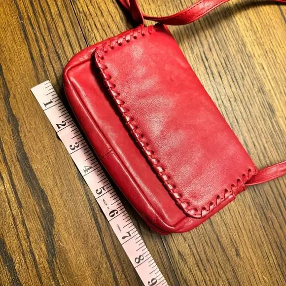 Vintage Inspired Red Leather Crossbody Bag with Hand-Stitched Details Boho - Picture 9 of 11